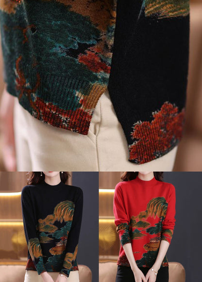 Red Print Cozy Wool Knit Tops O-Neck Long Sleeve TB003