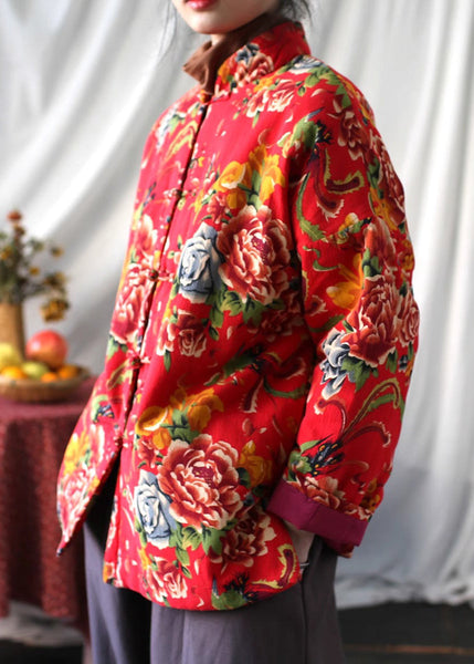 Red Print Fine Cotton Filled Jackets Chinese Button Spring TI037