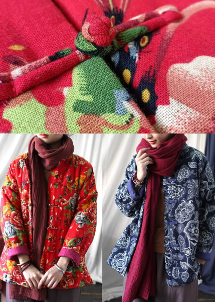 Red Print Fine Cotton Filled Jackets Chinese Button Spring TI037