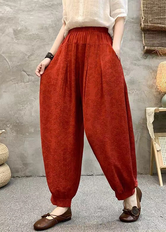 Red Print Pockets Cotton Crop Pants High Waist RE006 MZF-CPTS240807