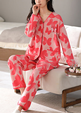 Two-Piece Neck Red V Set Pants Fall Print And Shirts Cotton FashionChic