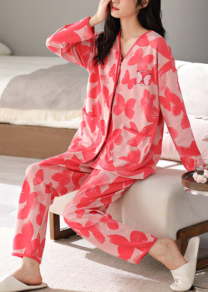 Two-Piece Neck Red V Set Pants Fall Print And Shirts Cotton FashionChic