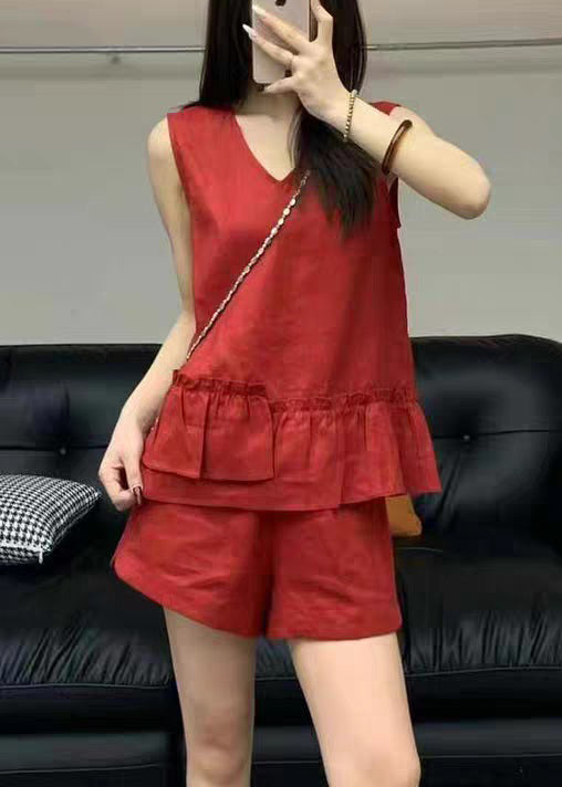 Neck Set Red Sleeveless Two Linen V Pieces Ruffled Pockets FashionChic