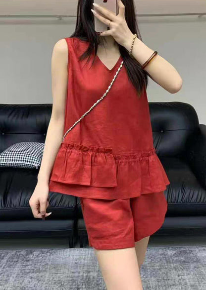 Neck Set Red Sleeveless Two Linen V Pieces Ruffled Pockets FashionChic