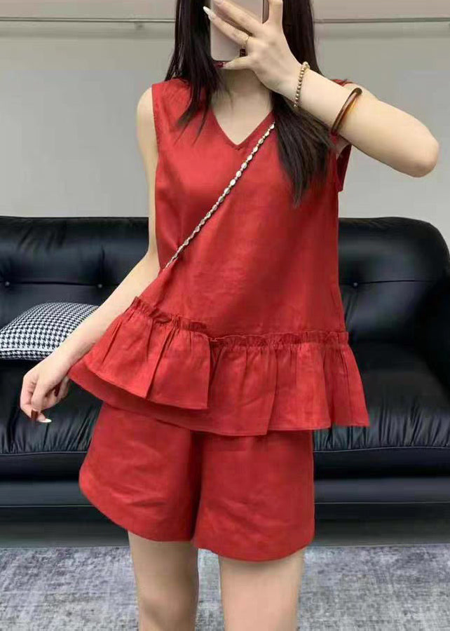 Neck Set Red Sleeveless Two Linen V Pieces Ruffled Pockets FashionChic