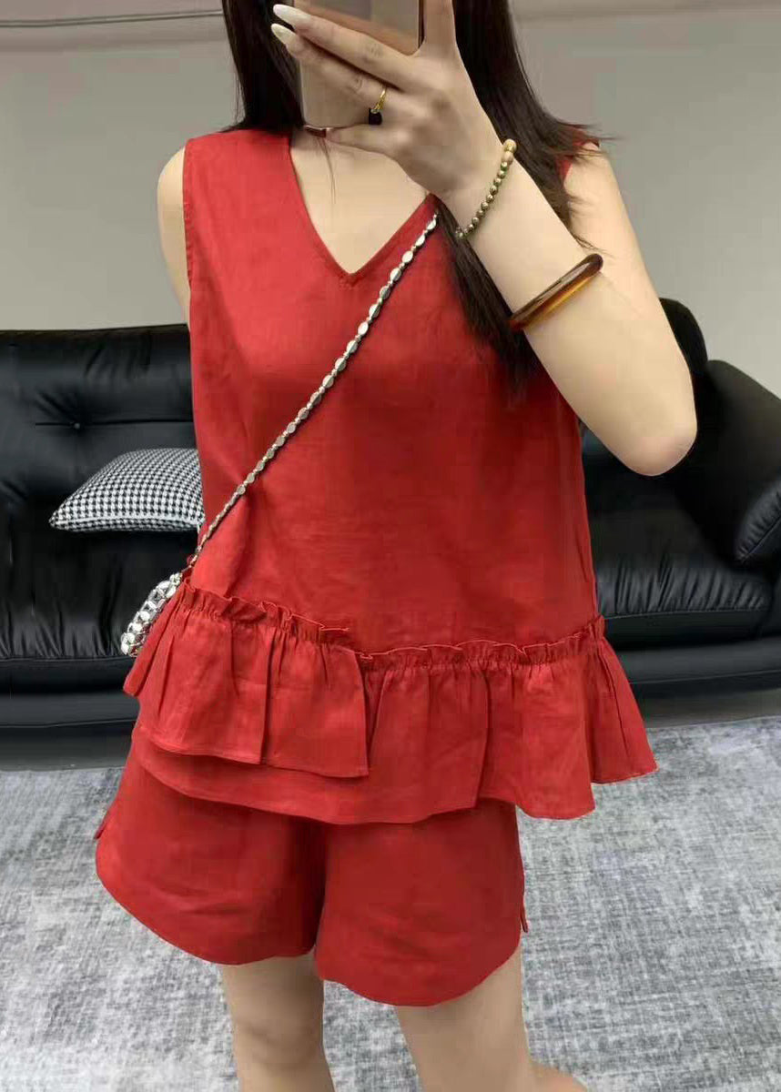 Neck Set Red Sleeveless Two Linen V Pieces Ruffled Pockets FashionChic