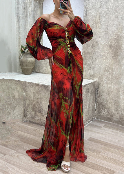 Red Side Open Cotton Long Dresses V Neck  Long Sleeve WW1055 Ada Fashion
