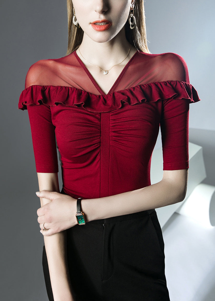 Red Solid Patchwork Cotton T Shirts V Neck Summer AL1038 Genistyle Shop