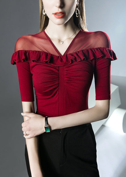 Red Solid Patchwork Cotton T Shirts V Neck Summer AL1038 Genistyle Shop