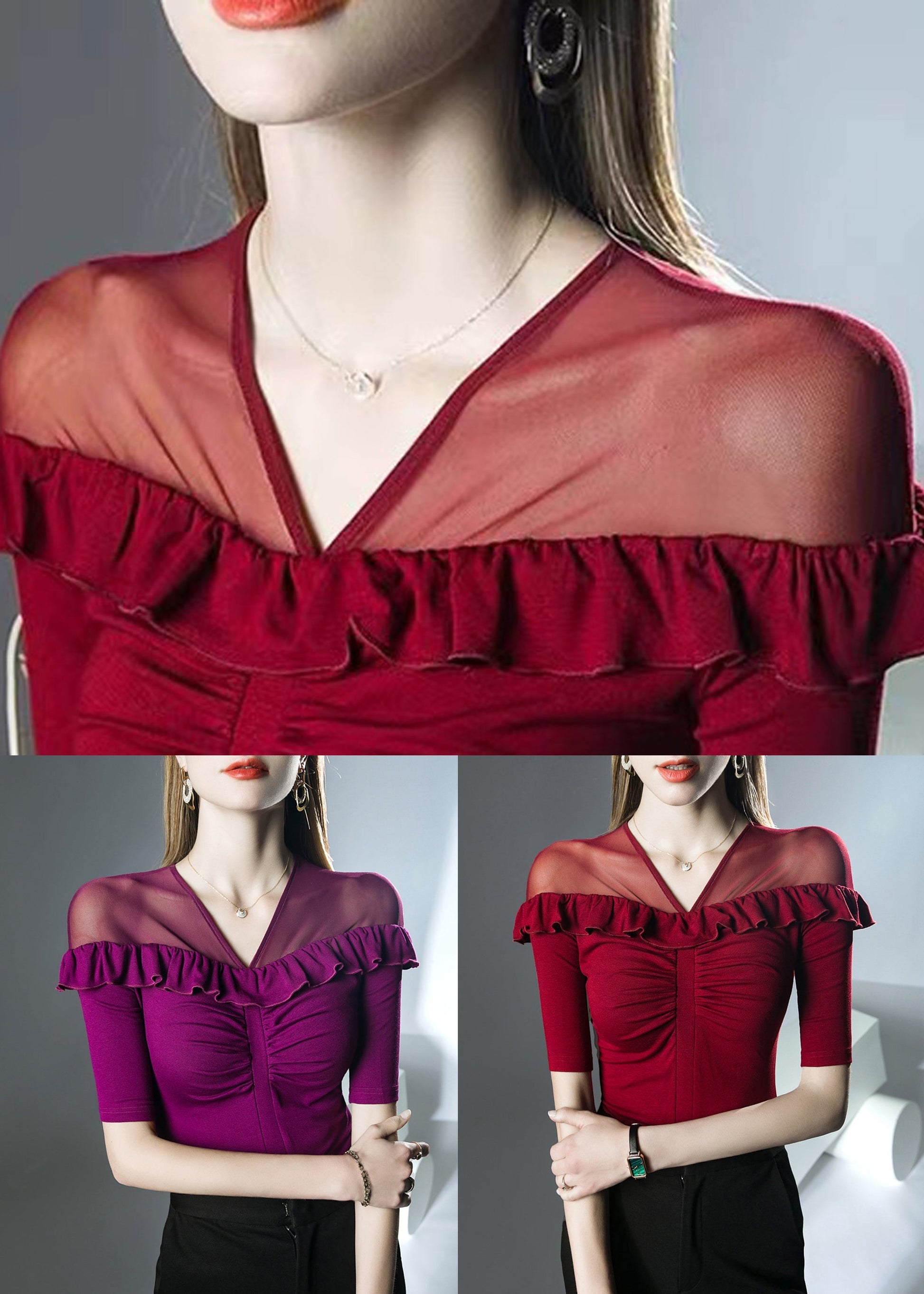 Red Solid Patchwork Cotton T Shirts V Neck Summer AL1038 Genistyle Shop