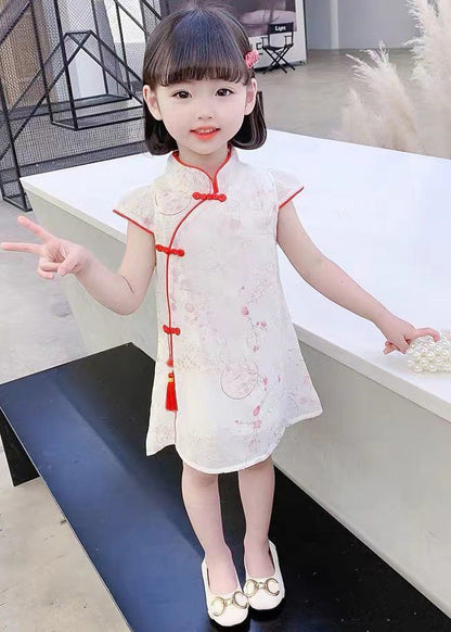 Red Stand Collar Button Silk Kids Mid Dress Summer GF017 MM-RCTZ-SDM230724