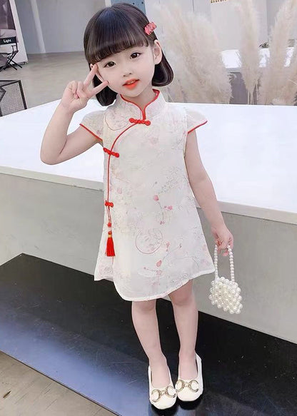 Red Stand Collar Button Silk Kids Mid Dress Summer GF017 MM-RCTZ-SDM230724