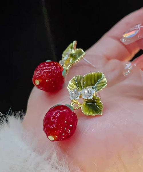 Strawberry Resin Sweet Earrings Red Fashionable Zircon FashionChic