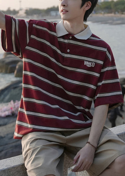 Loose Mens Button Striped Red Shirts Cotton Polo FashionChic