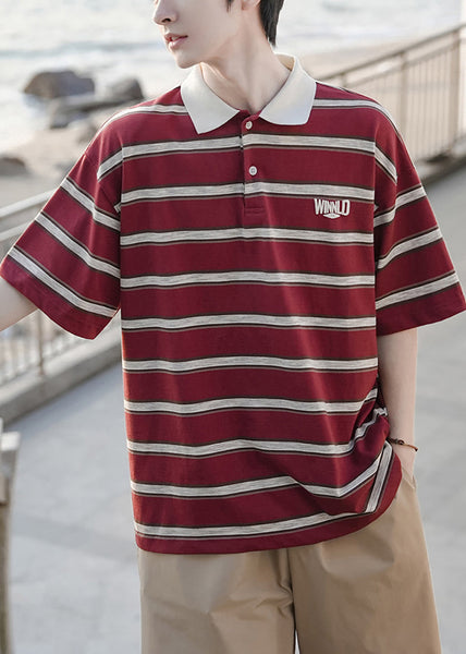 Loose Mens Button Striped Red Shirts Cotton Polo FashionChic