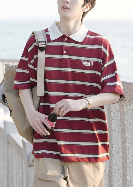 Loose Mens Button Striped Red Shirts Cotton Polo FashionChic