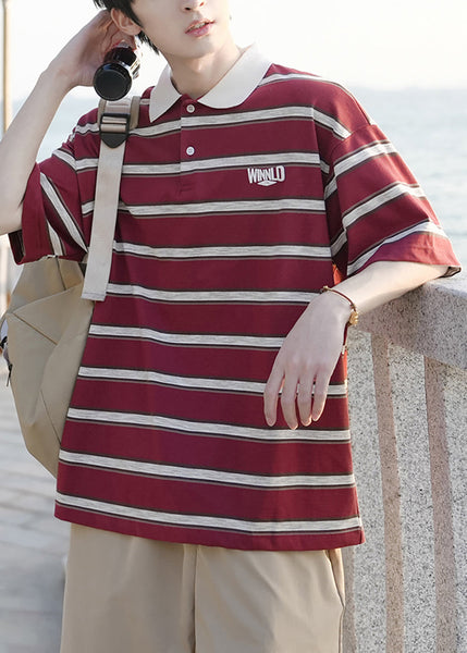 Loose Mens Button Striped Red Shirts Cotton Polo FashionChic