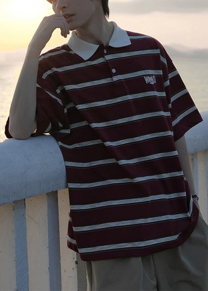 Loose Mens Button Striped Red Shirts Cotton Polo FashionChic