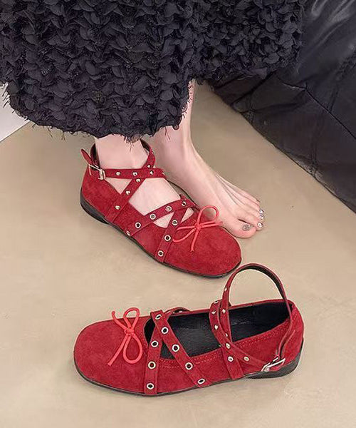 Suede Splicing Feet Red Flat Strap Cross Bow Shoes Rivet FashionChic