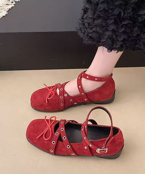 Suede Splicing Feet Red Flat Strap Cross Bow Shoes Rivet FashionChic