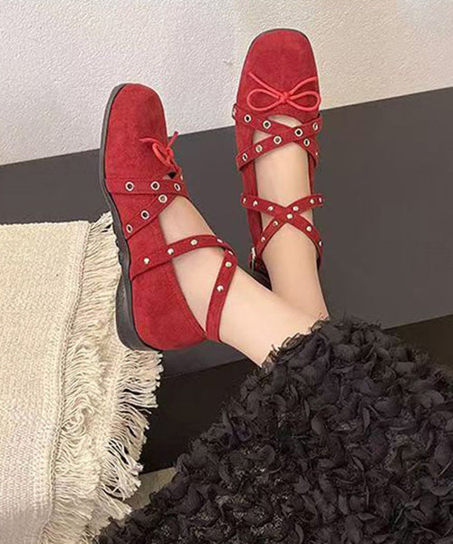 Suede Splicing Feet Red Flat Strap Cross Bow Shoes Rivet FashionChic