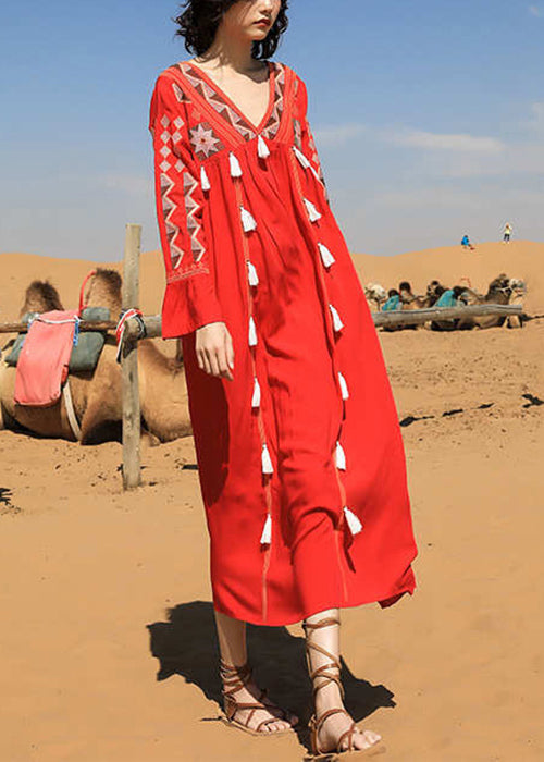 Long Patchwork Tasseled Neck Fall Cotton Dress Red V FashionChic