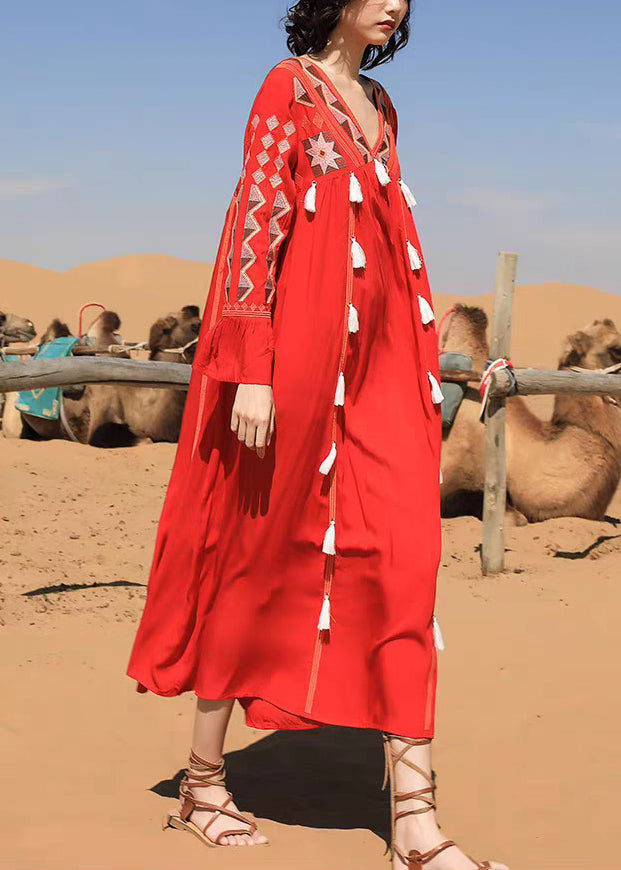 Long Patchwork Tasseled Neck Fall Cotton Dress Red V FashionChic