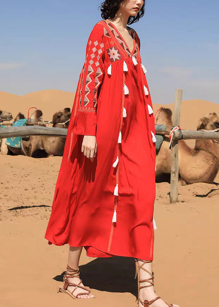 Long Patchwork Tasseled Neck Fall Cotton Dress Red V FashionChic