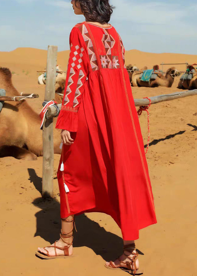 Long Patchwork Tasseled Neck Fall Cotton Dress Red V FashionChic