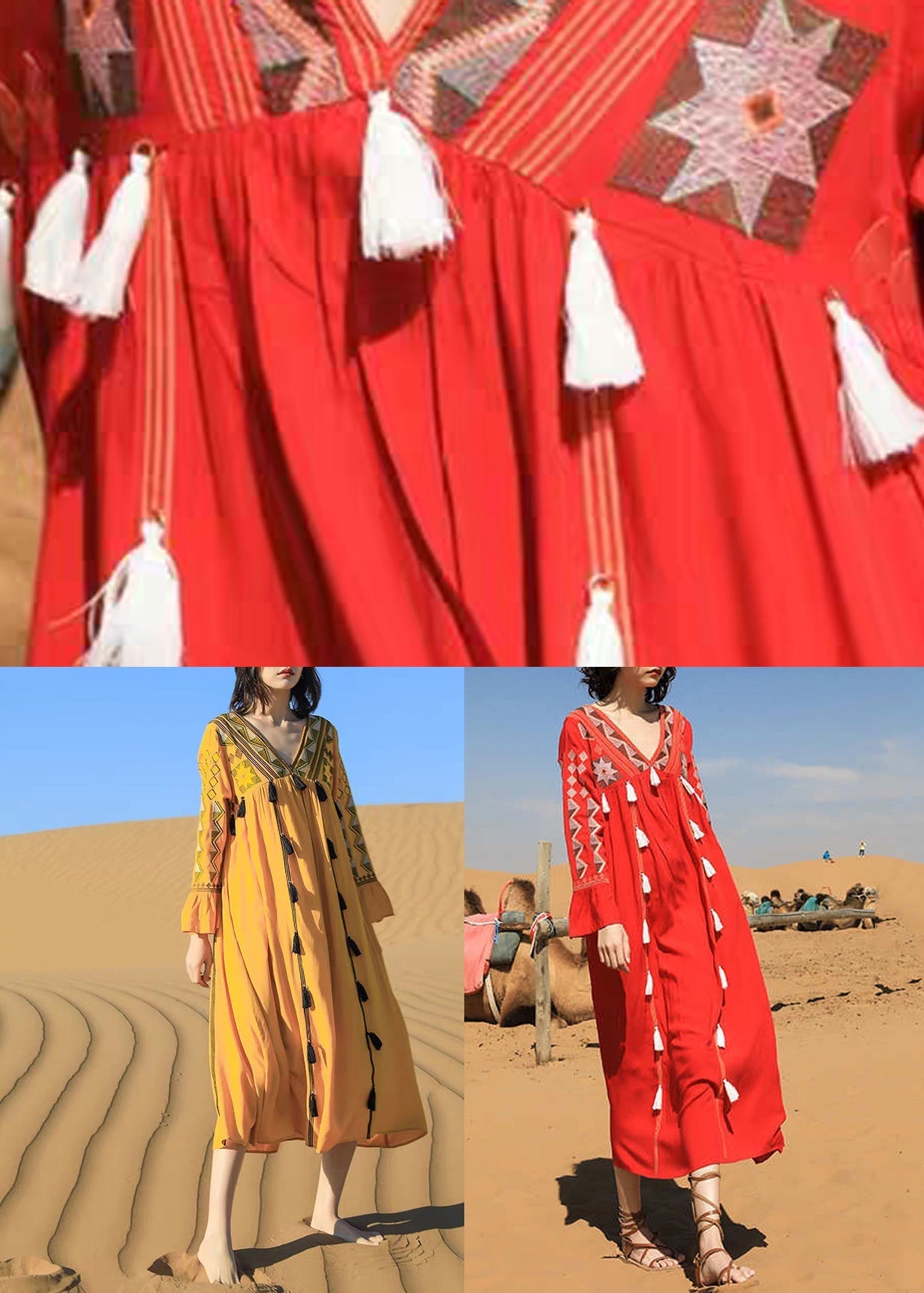 Long Patchwork Tasseled Neck Fall Cotton Dress Red V FashionChic