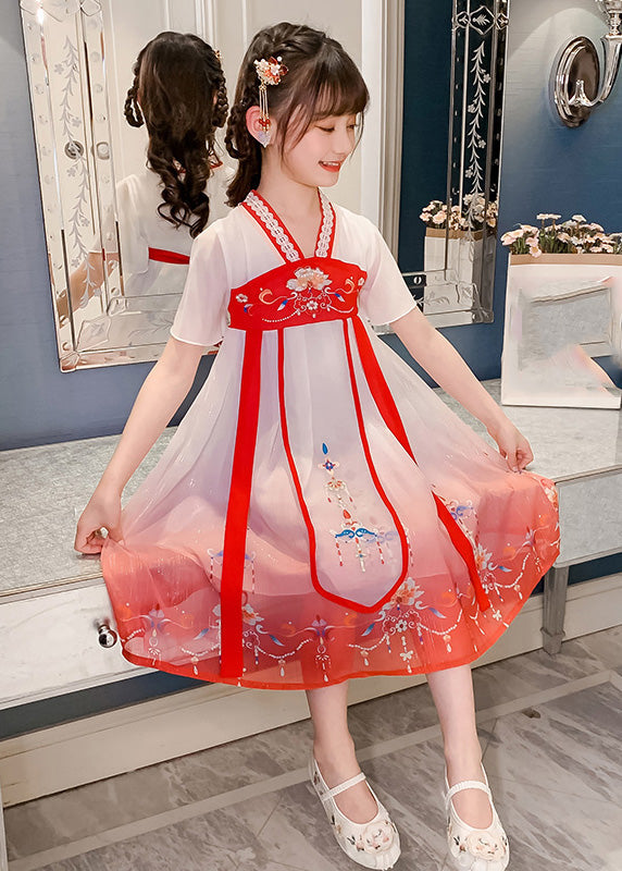 Red V Neck Lace Patchwork Tulle Kids Holiday Maxi Dress Short Sleeve GF015 MM-RCTZ-SDL230724