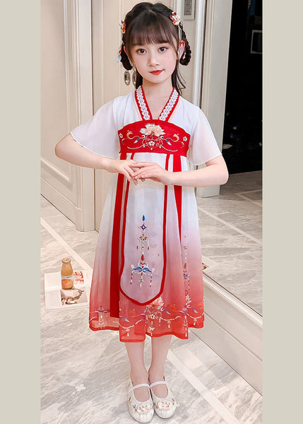 Red V Neck Lace Patchwork Tulle Kids Holiday Maxi Dress Short Sleeve GF015 MM-RCTZ-SDL230724