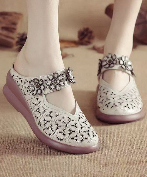 Leather Hollow Wedge Out Sandals Cowhide New Slide Splicing Red FashionChic