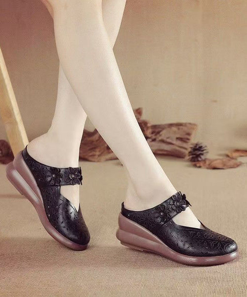 Leather Hollow Wedge Out Sandals Cowhide New Slide Splicing Red FashionChic