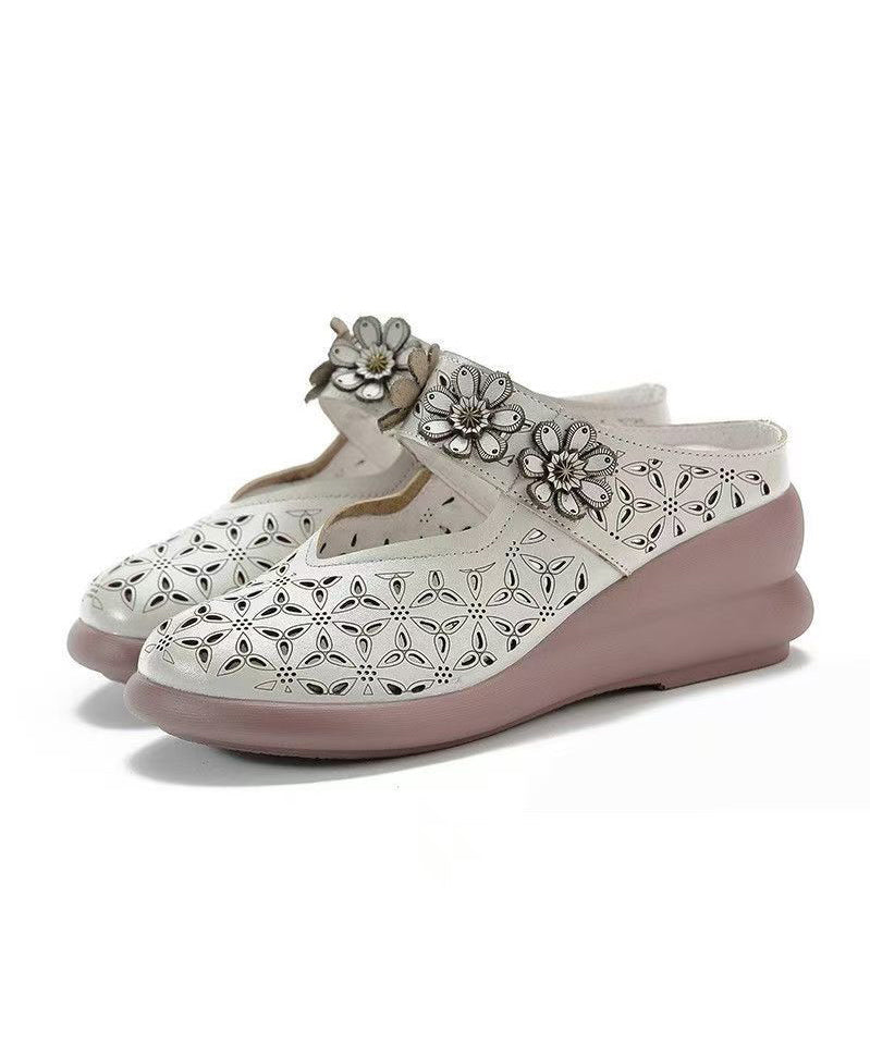 Leather Hollow Wedge Out Sandals Cowhide New Slide Splicing Red FashionChic