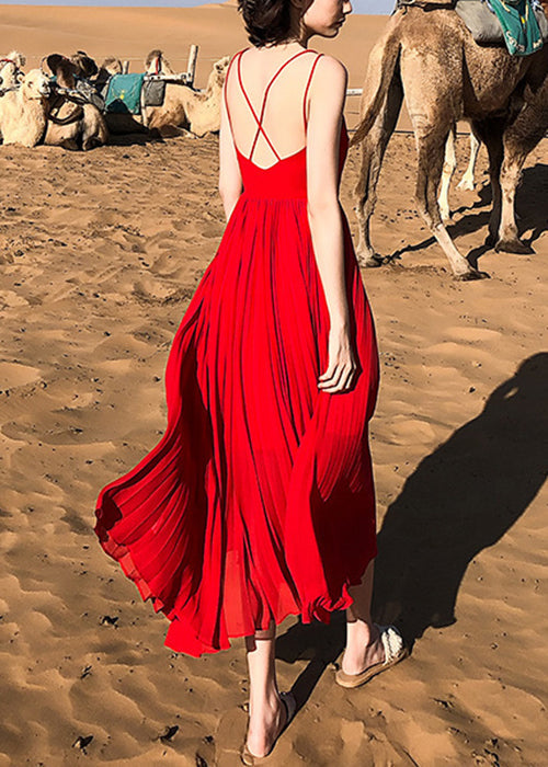 Neck Solid Summer Spaghetti Red Dress Wrinkled Strap Chiffon V FashionChic