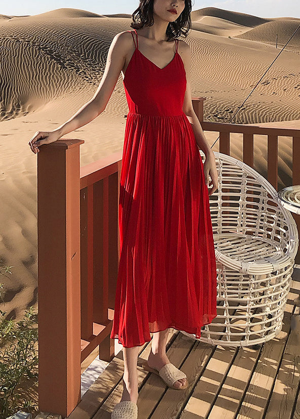 Neck Solid Summer Spaghetti Red Dress Wrinkled Strap Chiffon V FashionChic