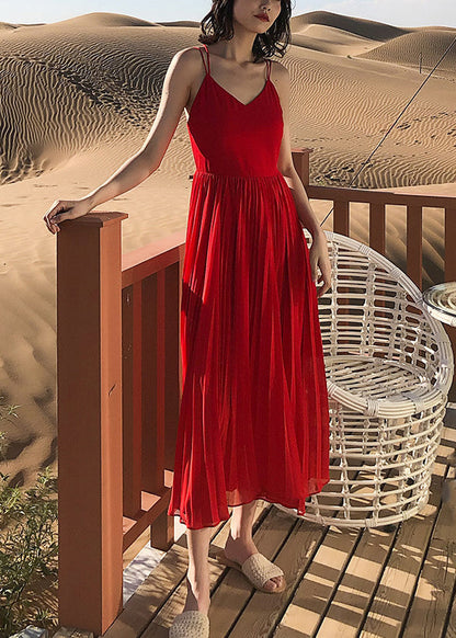 Neck Solid Summer Spaghetti Red Dress Wrinkled Strap Chiffon V FashionChic