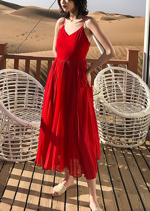 Neck Solid Summer Spaghetti Red Dress Wrinkled Strap Chiffon V FashionChic
