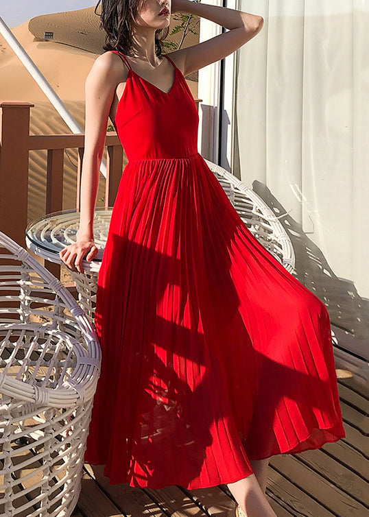Neck Solid Summer Spaghetti Red Dress Wrinkled Strap Chiffon V FashionChic