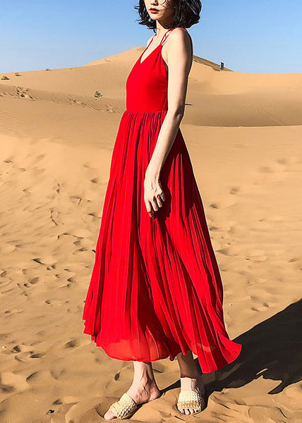 Neck Solid Summer Spaghetti Red Dress Wrinkled Strap Chiffon V FashionChic