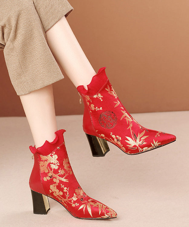 Red Zippered Cowhide Leather Embroidered Chunky Boots RT1080 Ada Fashion