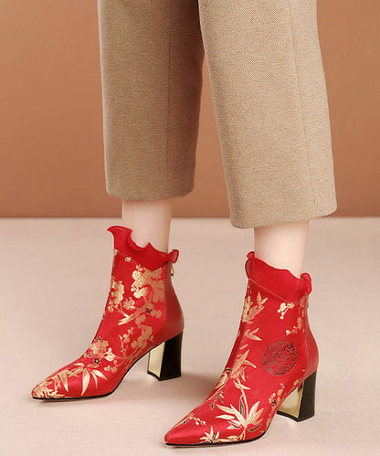 Red Zippered Cowhide Leather Embroidered Chunky Boots RT1080 Ada Fashion