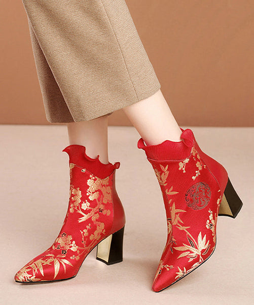 Red Zippered Cowhide Leather Embroidered Chunky Boots RT1080 Ada Fashion