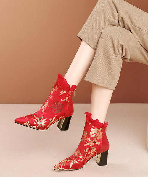 Red Zippered Cowhide Leather Embroidered Chunky Boots RT1080 Ada Fashion