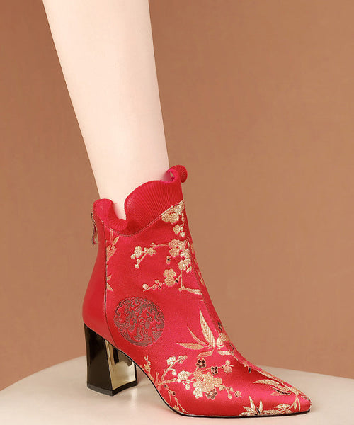 Red Zippered Cowhide Leather Embroidered Chunky Boots RT1080 Ada Fashion