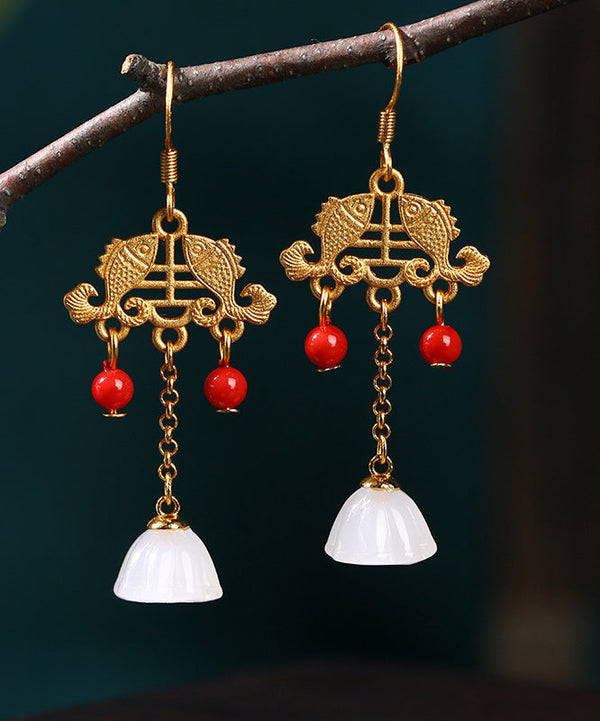 Regular Ancient Gold Inlaid Jade Gem Stone Lotus Flower Tassel Drop Earrings KX1078 Ada Fashion