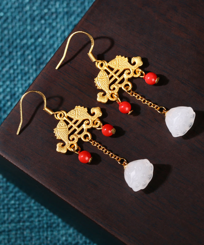 Regular Ancient Gold Inlaid Jade Gem Stone Lotus Flower Tassel Drop Earrings KX1078 Ada Fashion