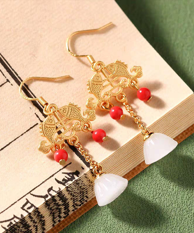 Regular Ancient Gold Inlaid Jade Gem Stone Lotus Flower Tassel Drop Earrings KX1078 Ada Fashion