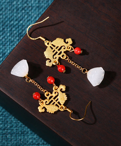 Regular Ancient Gold Inlaid Jade Gem Stone Lotus Flower Tassel Drop Earrings KX1078 Ada Fashion